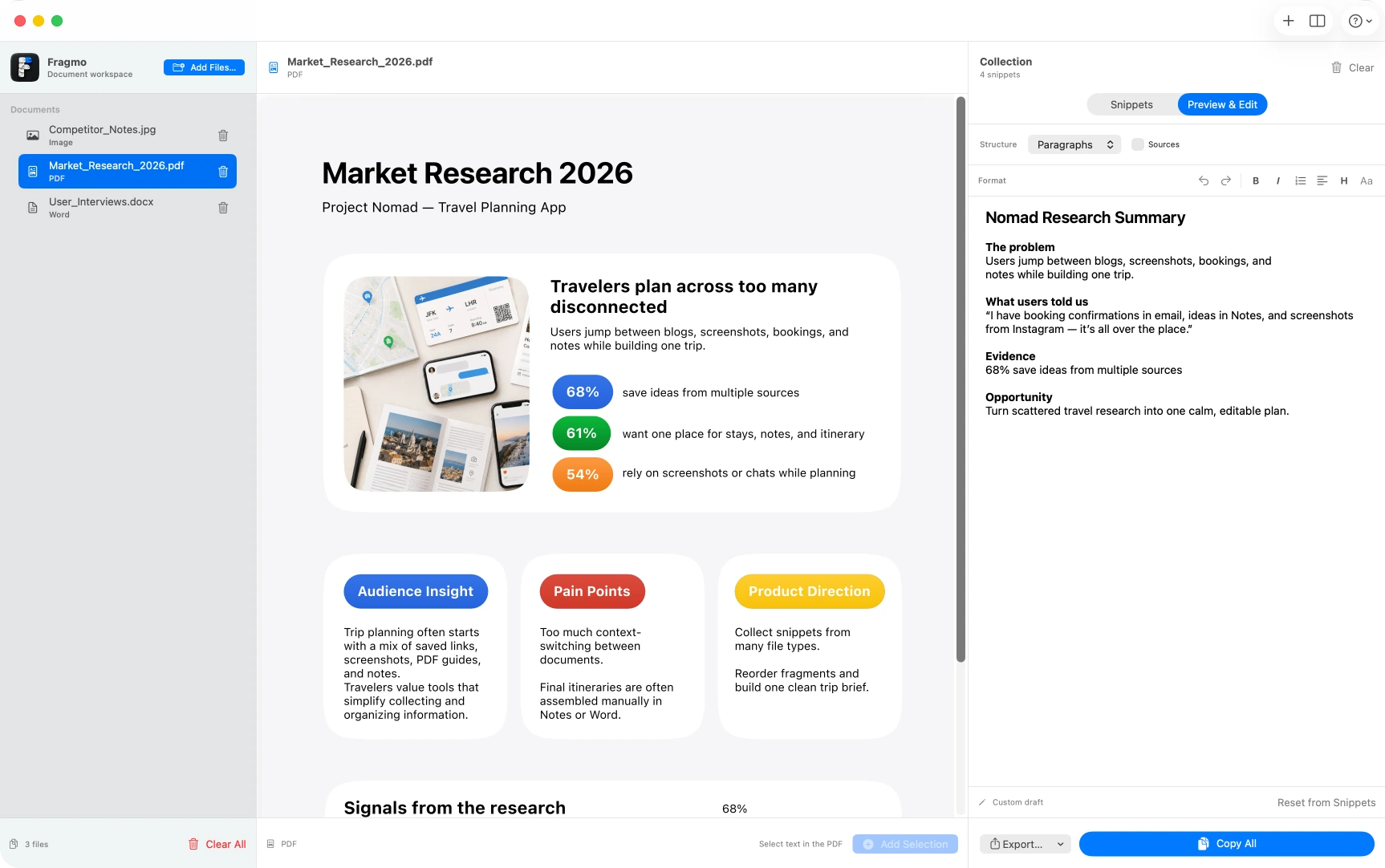 Fragmo Preview and Edit showing a structured research summary
