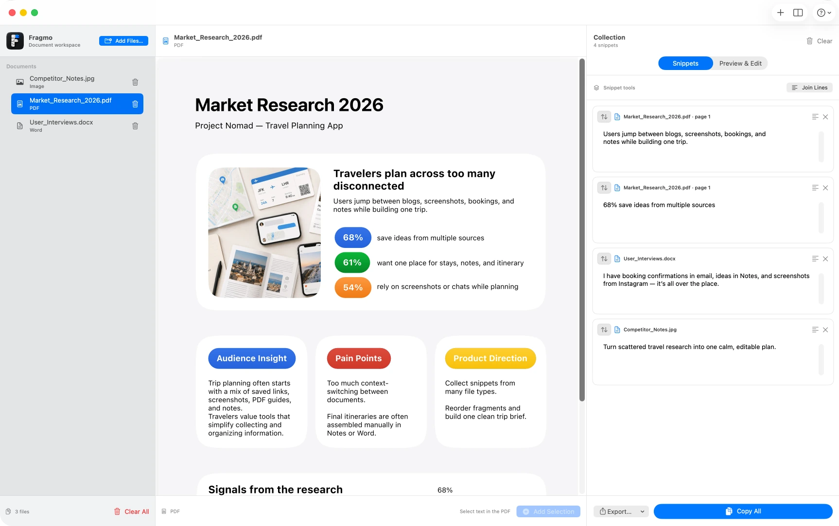 Fragmo workspace with PDF, Word document and image sources collected in one workspace